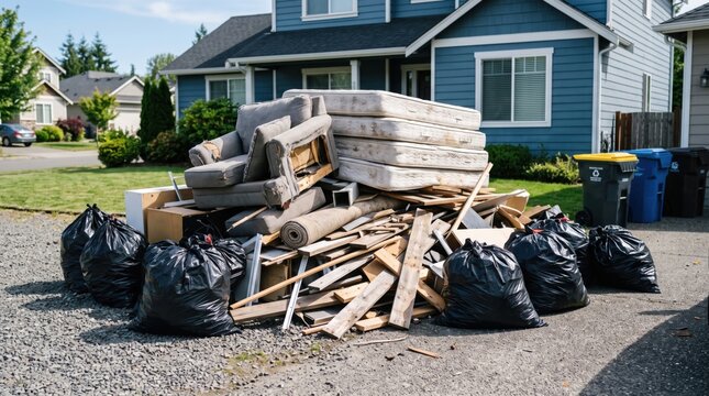 Pile of household junk and waste items for bulk trash pickup in a residential driveway