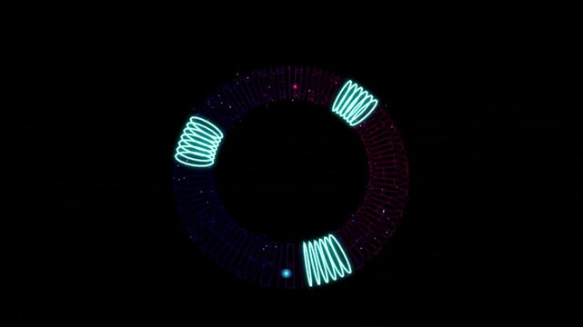 Abstract futuristic neon glowing toroidal coils and springs motion graphics seamless loop animated background