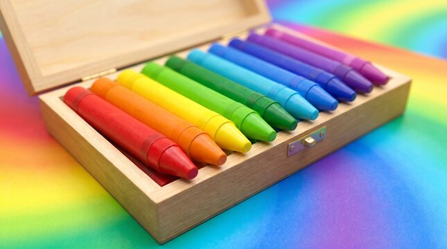 Vibrant Rainbow Colored Crayons Neatly Arranged in Wooden Box on Rainbow Background