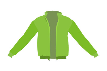 Vibrant green jacket in flat front view with animated motion effect on crisp white background, showcasing dynamic movement and bold color. © German Ovchinnikov
