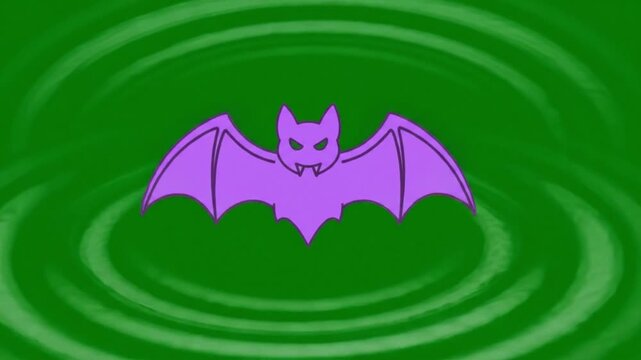 Purple cartoon bat flying with green echolocation radar sonar wave loops background animation.
