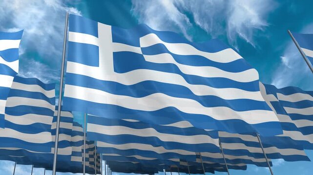 Multiple Greece flags seamless looping waving on blue sky