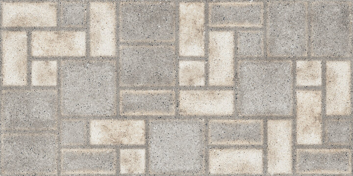 Modern stone paving texture, grey and beige interlocking concrete pavers, geometric outdoor floor tiles for patio and driveway design