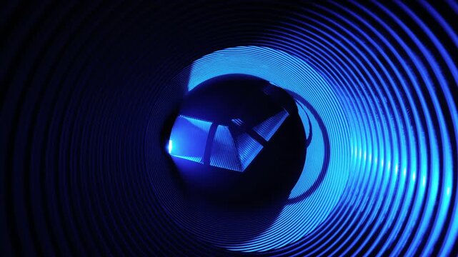 Interior view of corrugated cylindrical tunnel lit by saturated blue rim LEDs forming bright concentric rings, glossy spherical dome occupies central opening and reflects segmented rectangular