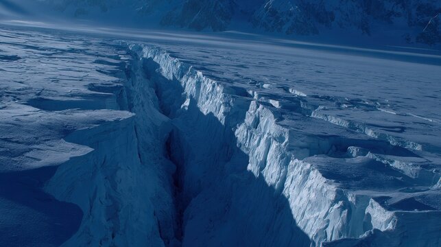 A deep, shadowed fissure cutting through a vast, icy glacier under a misty sky
