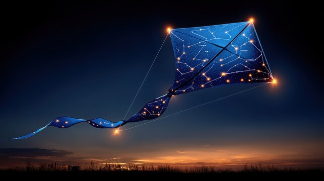 A breathtaking blue kite with a detailed celestial constellation map and glowing lights flies against a twilight sky.