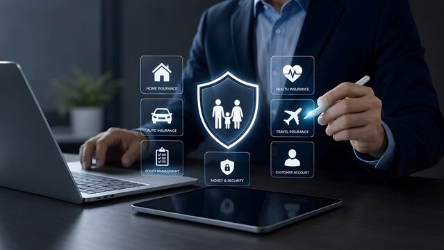 Businessman using digital tablet with holographic interface displaying family protection and comprehensive insurance coverage options
