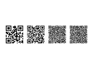 Fototapeta premium Digital QR code set with 4 black vector icons. Minimalist barcode collection for mobile scanning, web links, and retail marketing.