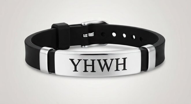 Black leather bracelet with silver plate inscribed YHWH