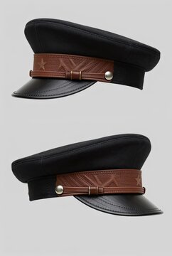 Two black military peaked caps with brown leather bands