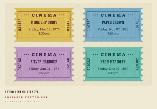 Retro Cinema Ticket Template Set - Vintage Movie Admission Tickets, Editable
