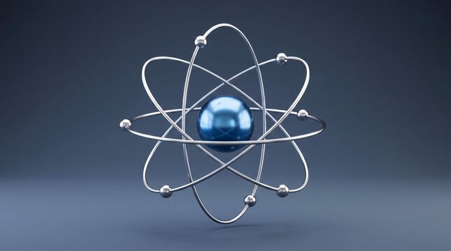 Shiny blue metallic atomic model structure featuring glowing silver orbits and central sphere captured in a clean minimalist studio style