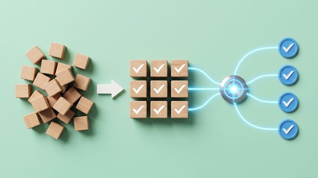Wooden blocks transforming into organized checked squares connected to glowing blue circular nodes representing efficient business process management workflows daily