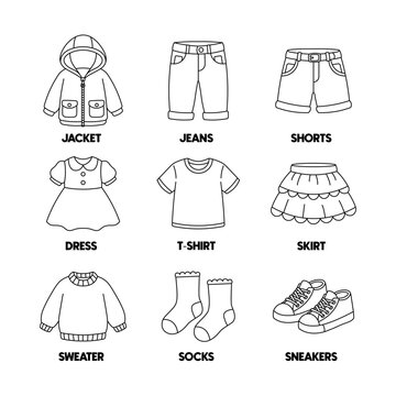 Kids Clothing Vocabulary Worksheet with Cute Clothes Outline Icons
