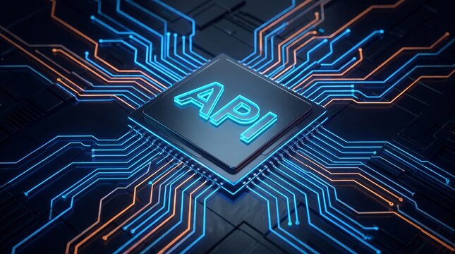 Glowing blue API text integrated onto a central processing unit chip surrounded by complex intricate circuits and vibrant neon pathways
