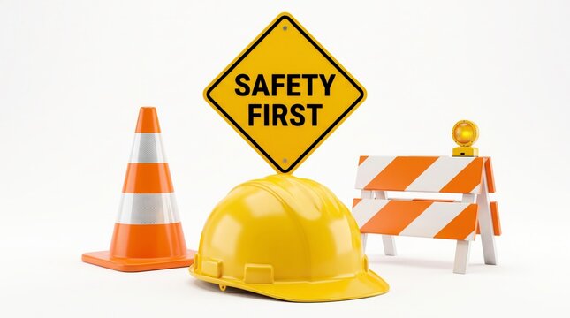 Bright yellow safety first road sign positioned behind a hard hat, orange traffic cone, and striped wooden construction barrier board