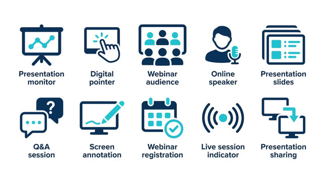 Webinar and online presentation icon set featuring monitor slides q and a session screen annotation and virtual audience symbols online meeting digital pointer