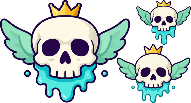 Cartoon skull with wings and gold crown, flying skeleton head with blue slime, gothic streetwear vector illustration set