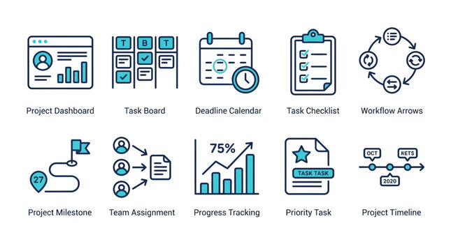 Collection of ten project management and task tracking icons including dashboard milestone schedule checklist and workflow with task board
