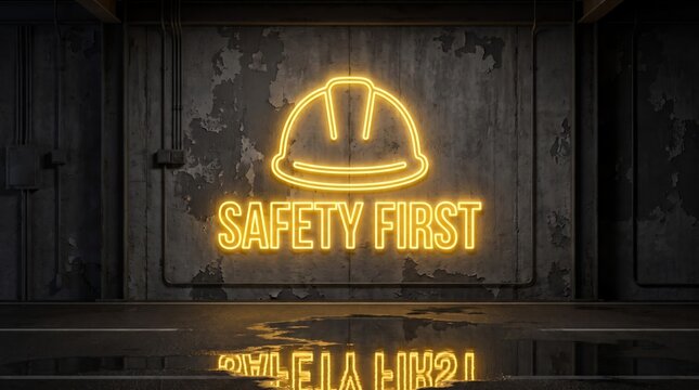 Bright yellow neon sign displaying safety first with hard hat icon glowing against a dark textured grey industrial concrete wall