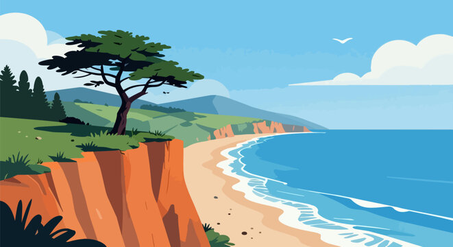 Coastal landscape vector illustration, scenic ocean beach with cliffs and cypress tree, serene summer sea travel background
