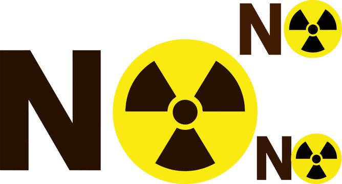 Nuclear radiation warning sign with NO text, radioactive hazard symbol in yellow and black, atomic energy protest vector illustration