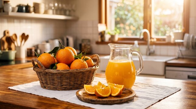 Fresh organic oranges placed in a rustic woven wicker basket next to a glass pitcher filled with delicious citrus juice