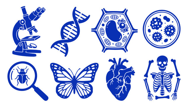 Set of blue science and biology icons including microscope dna cell and anatomy symbols