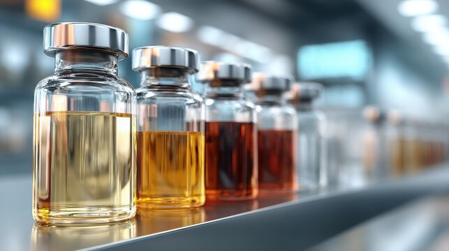 Row of pharmaceutical vials with colorful liquids in a laboratory setting, showcasing scientific research and development.