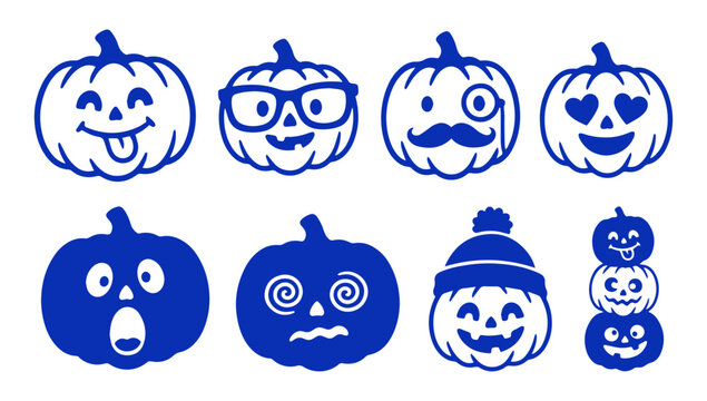 Set of cute blue Halloween pumpkin icons with various funny faces and expressions