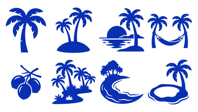 Set of tropical beach palm tree icons and summer vacation silhouettes for design