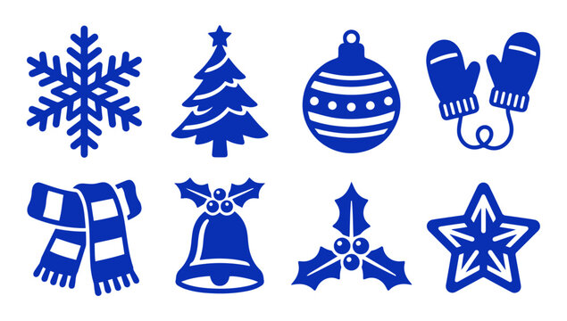 Set of blue Christmas icons featuring snowflake tree ornament mittens scarf bell and star