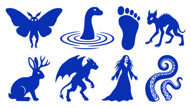 Collection of blue silhouette icons featuring mythical creatures and legendary monsters from folklore stories