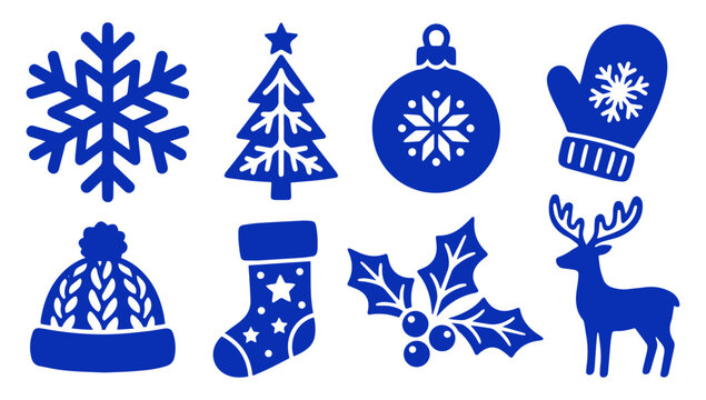 Collection of blue Christmas and winter holiday icons and symbols on white background