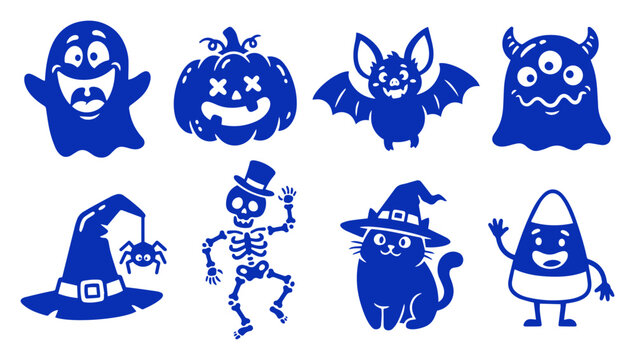 Cute Halloween characters and icons collection featuring ghosts, pumpkins, bats, and funny skeleton elements