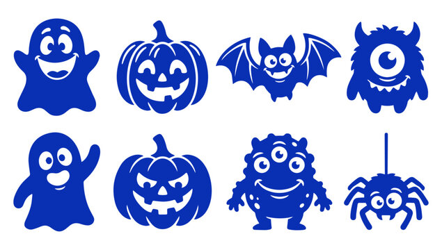 Cute halloween character icons set with ghosts pumpkins bats monsters and a spider illustration