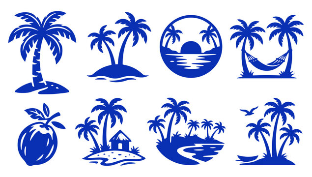 Set of tropical beach palm tree icons and summer vacation vector design elements