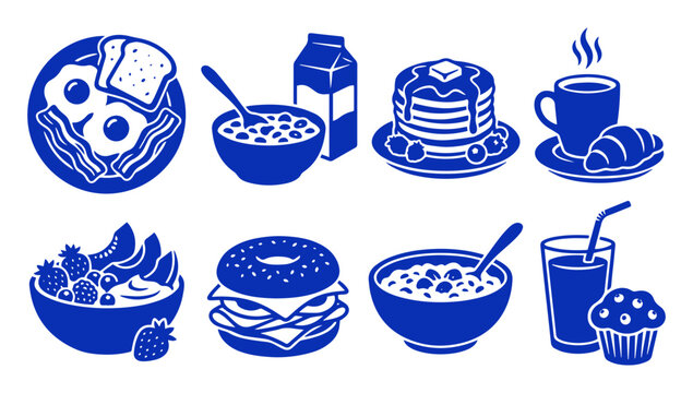 Set of blue vector breakfast icons featuring healthy food and drinks for morning menu
