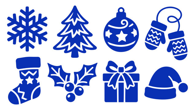 Set of blue flat Christmas icons with holiday symbols on white background