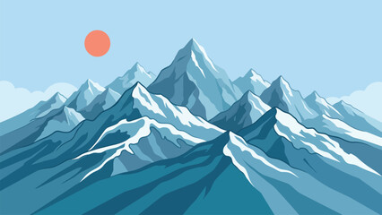 Fototapeta premium Colorful Mountain Landscape with Snow Capped Alpine Peaks and Orange Sun, Blue Scenic Nature Background for Travel, Hiking, Adventure and Outdoor Design