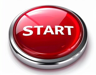 Fototapeta premium Glossy red circular start button with white text and chrome rim, isolated on white background, 3D web interface call to action element. 