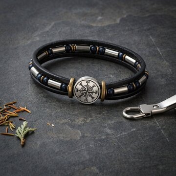 Black leather bracelet with compass charm on dark stone surface