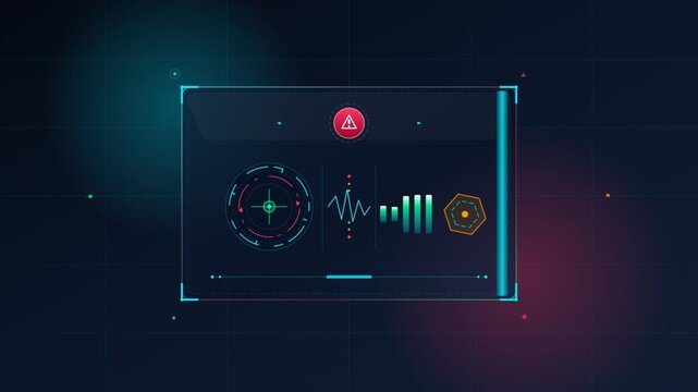 Futuristic HUD interface scanning data streams with glowing graphs and warnings