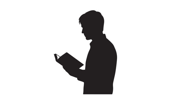 Silhouette of a man reading a book or notebook isolated on white background