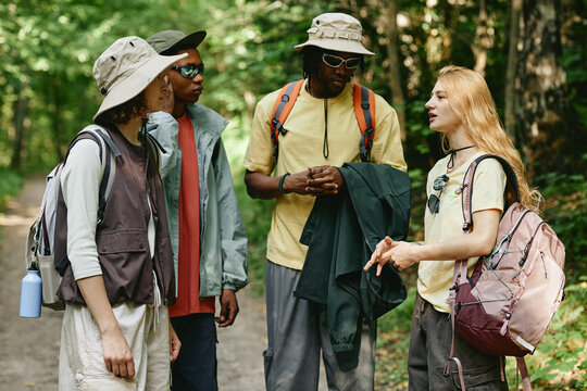 Diverse young adults hiking in forest, talking on trail. Image represents outdoor recreation, eco tourism, and active lifestyle, suitable for travel and adventure campaign, medium shot