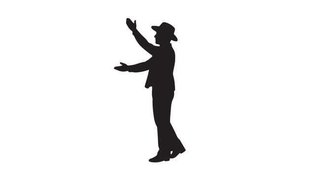 Silhouette of a gesturing man in a hat isolated on a solid white background