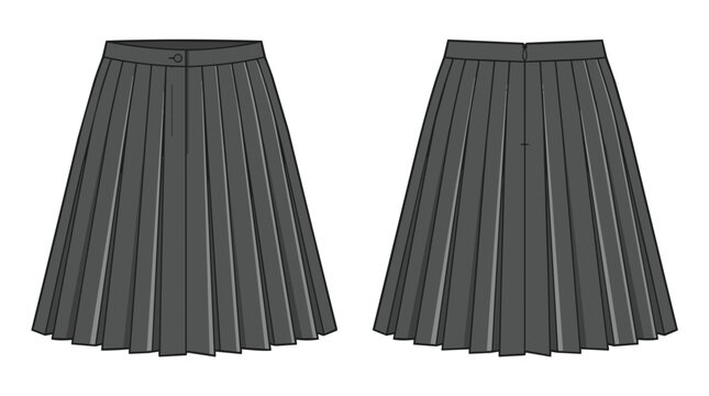 Technical Fashion Drawing of a Dark Grey Women Pleated Skirt Front and Back View for Apparel Design Sketch