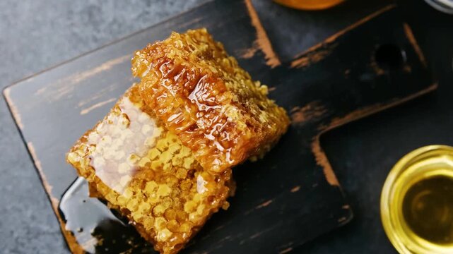 Honeycomb pieces with liquid honey and bee pollen on a dark wooden board