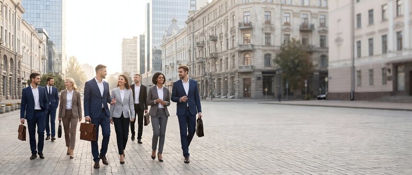 Business team walking through downtown Kharkiv, Ukraine