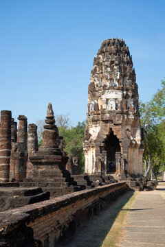 Khmer prang on the ruins of the ancient Buddhist temple on the Wat Phra Pai Luang. Sukhothai Historical Park, Thailand